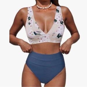 Floral Print High Waisted Bikini Set - Blue and White